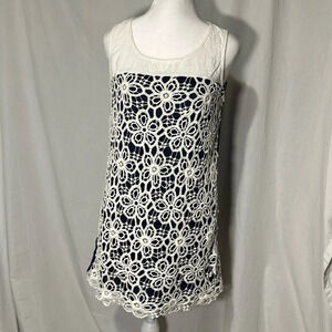 blue & white Charming Charlie floral lace / crochet overlay dress size medium